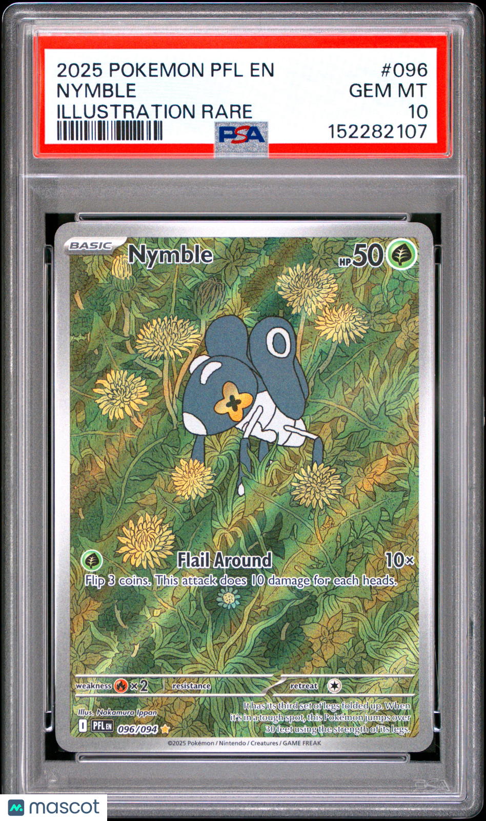 2025 Pokemon—Nymble #096/094 Phantasmal Flames—Illustration Rare Holo PSA 10