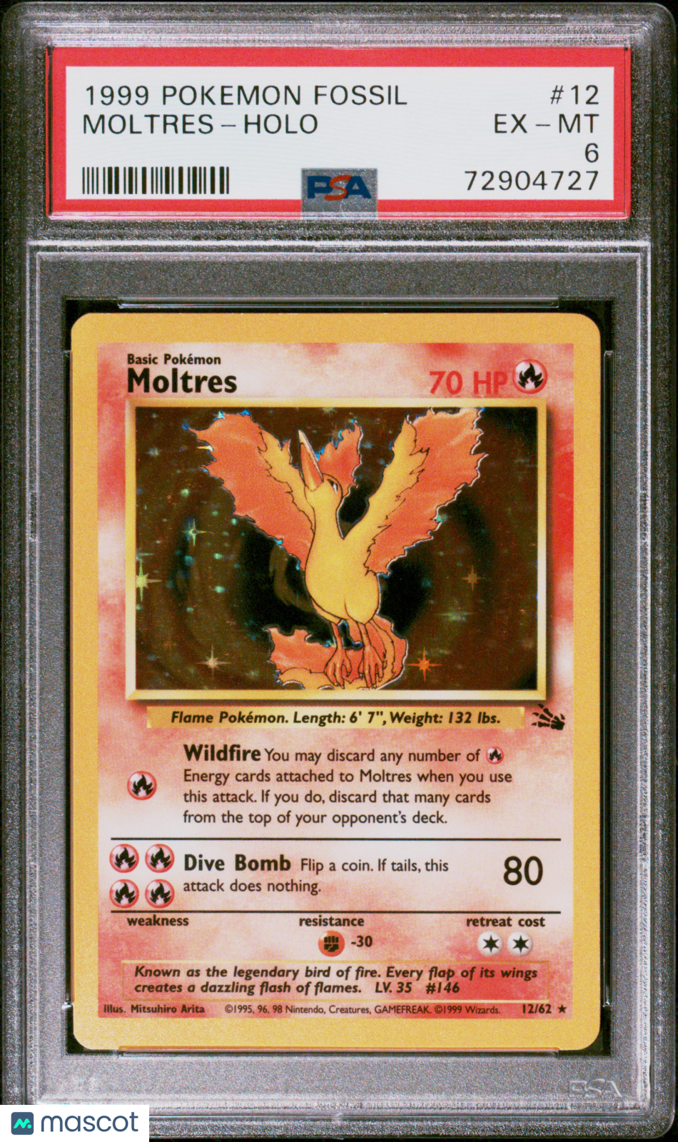 1999 Pokemon—Moltres #12/62 Fossil— Holo-PSA 6