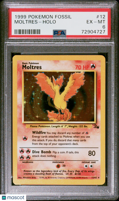 1999 Pokemon—Moltres #12/62 Fossil— Holo-PSA 6